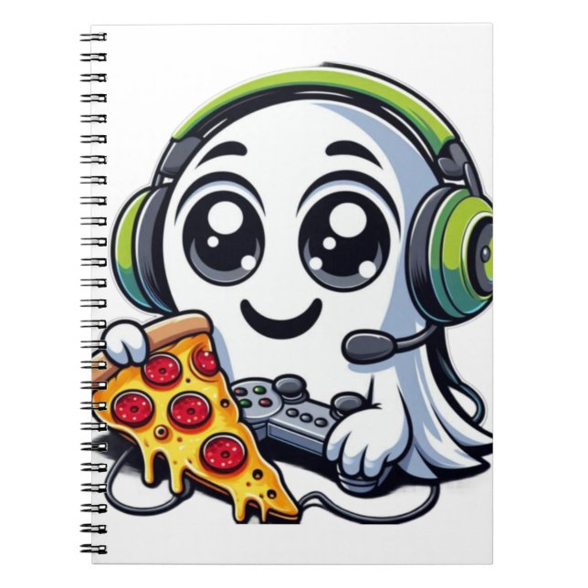 Spooky, Cute, and Cheesy: Ghost Enjoys Pizza Notebook (Front)