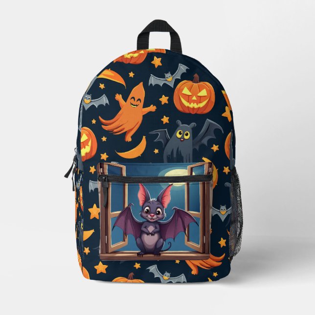 Spooky Cute Baby Bat Halloween Pattern Printed Backpack (Front)