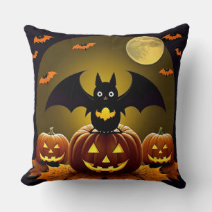 🦇🌙 Spooky Cute Bat Cat Pumpkin Halloween Glow ✨ Cushion