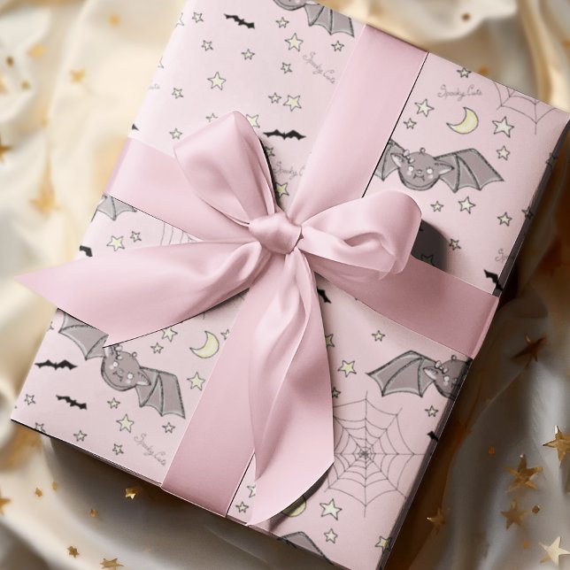 Spooky Cute Bats Pink Halloween Pattern Wrapping Paper (Adorable Kids Halloween Spooky Cute Bats, Moons, Stars, Spider Webs & Hand-written "Spooky Cute".)