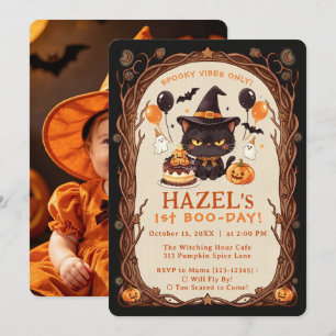 Spooky Cute Black Cat Halloween Photo 1st Boo-Day Invitation
