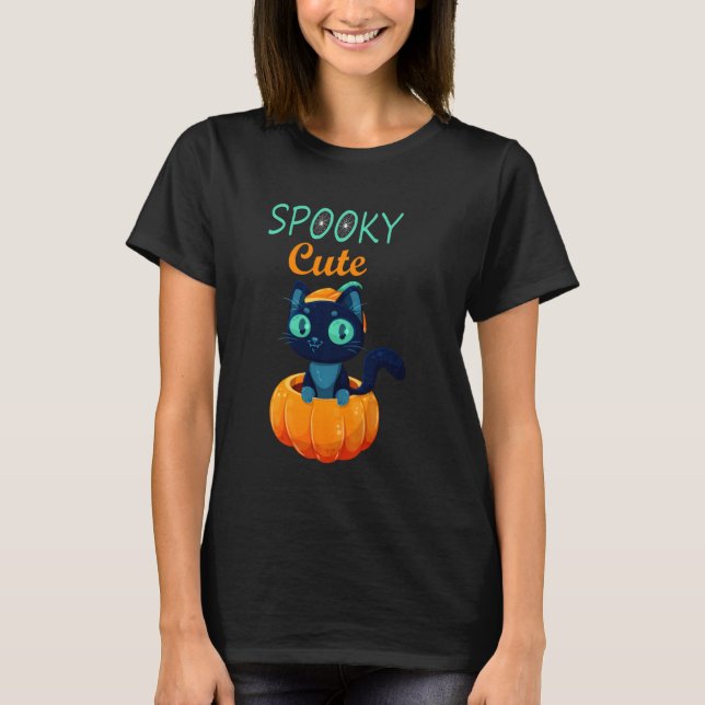 Spooky Cute Black Cat Halloween Pumpkin Kitty T-Shirt (Front)