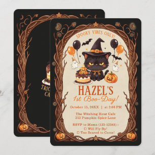 Spooky Cute Black Cat Halloween Witch 1st Boo-Day Invitation