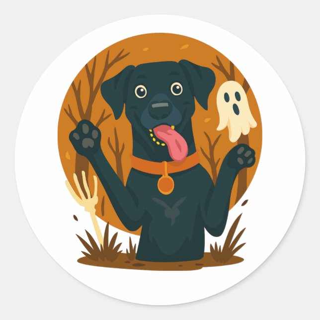 Spooky Cute Black Dog with Ghost  Classic Round Sticker (Front)