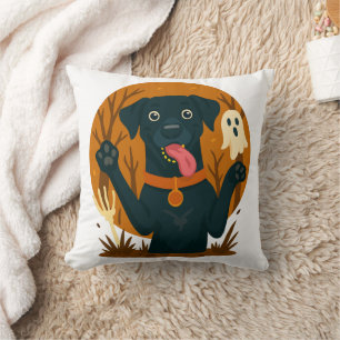 Spooky Cute Black Dog with Ghost  Cushion