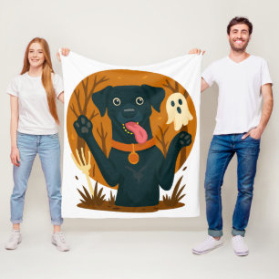 Spooky Cute Black Dog with Ghost Fleece Blanket
