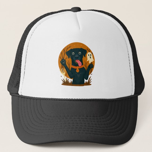 Spooky Cute Black Dog with Ghost  Trucker Hat (Front)
