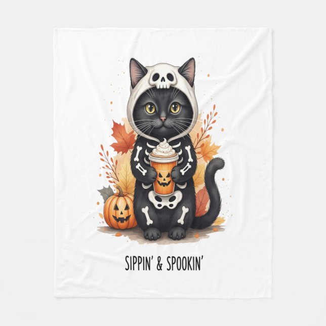 Spooky Cute Cat Halloween Fleece Blanket (Front)