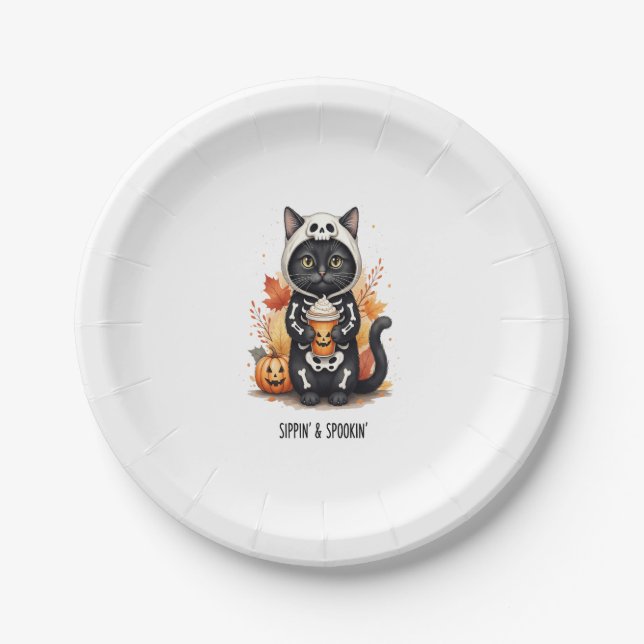 Spooky Cute Cat Halloween Paper Plate (Front)