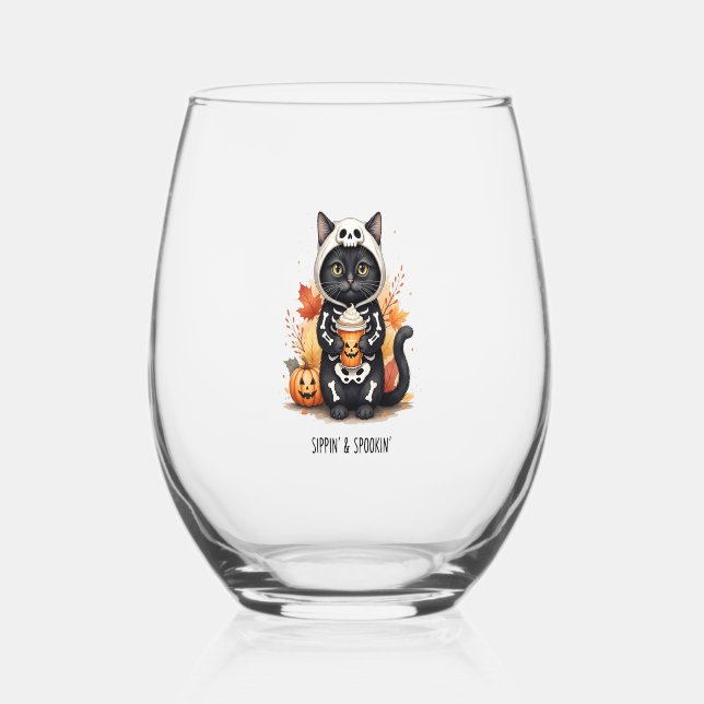 Spooky Cute Cat Halloween Stemless Wine Glass (Front)