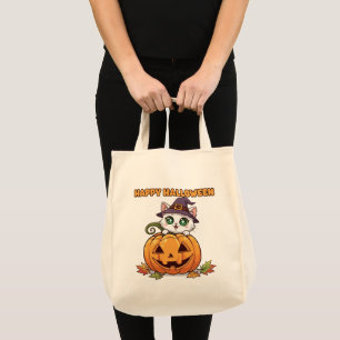 Spooky Cute Chibi Cat and Pumpkin Halloween Tote Bag