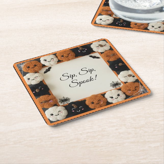 Spooky Cute Crochet Pumpkin Halloween Coasters  (Angled)