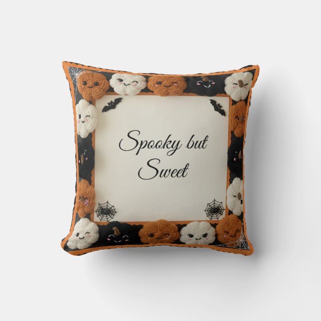 Spooky Cute Crochet Pumpkin Halloween Throw Pillow (Front)