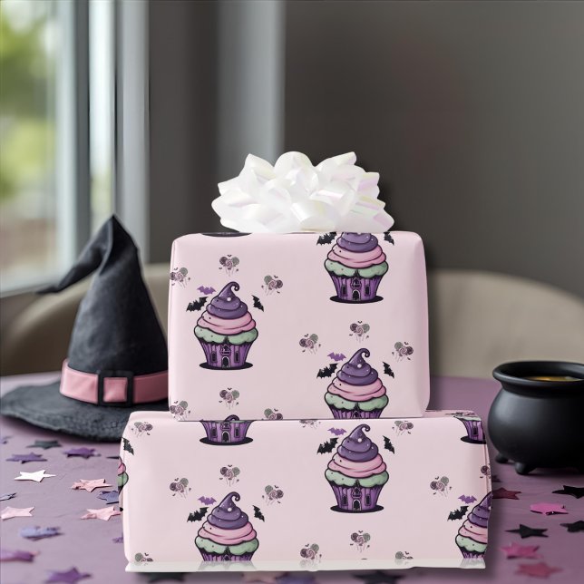 Spooky cute Cupcake & Lollipops bats pink pattern Wrapping Paper (Spooky cute Cupcake & Lollipops bats pink pattern Wrapping Paper)