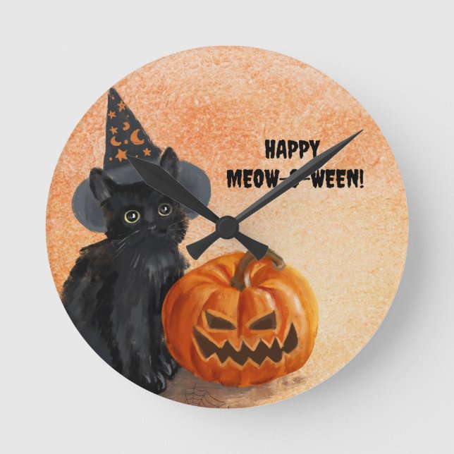 Spooky Cute Customisable Halloween Cat Wall Clock (Front)