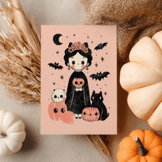 Spooky Cute Frida Kahlo Retro Pink Halloween  Postcard (Creator Uploaded)