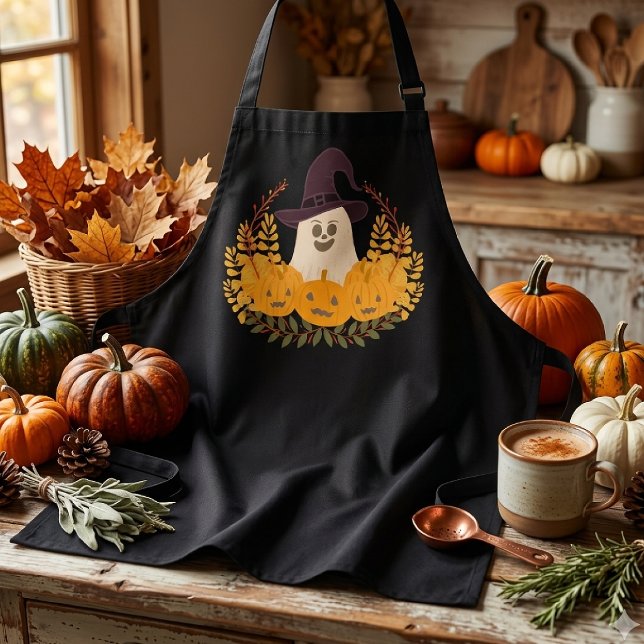 Spooky Cute Ghost And Pumpkins Autumn Wreath Apron (Creator Uploaded)