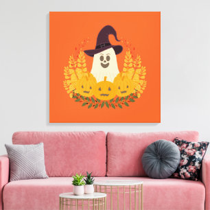 Spooky Cute Ghost And Pumpkins Autumn Wreath Canvas Print