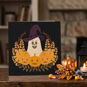Spooky Cute Ghost And Pumpkins Autumn Wreath Card
