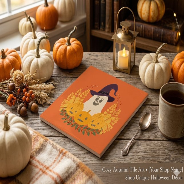 Spooky Cute Ghost And Pumpkins Autumn Wreath Tile (Creator Uploaded)