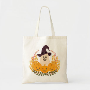 Spooky Cute Ghost And Pumpkins Autumn Wreath Tote Bag