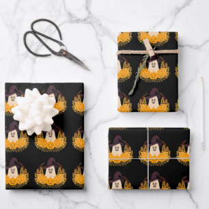 Spooky Cute Ghost And Pumpkins Autumn Wreath Wrapping Paper Sheet
