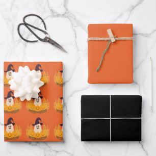 Spooky Cute Ghost And Pumpkins Autumn Wreath Wrapping Paper Sheet