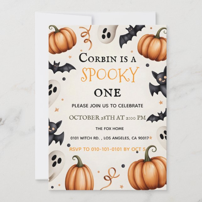 Spooky Cute Ghost & Bat Halloween Birthday Invitat Invitation (Front)