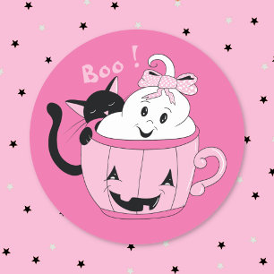 Spooky Cute Ghost Black Cat Pink Halloween Sticker