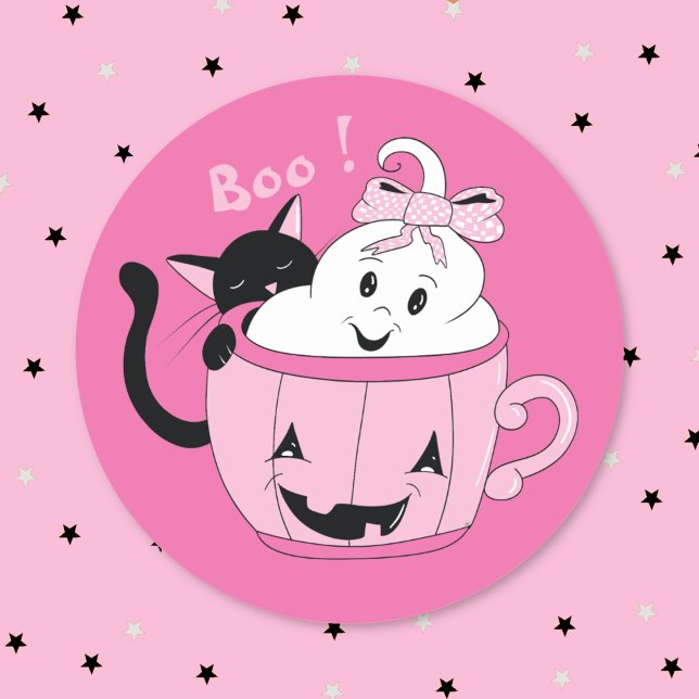 Spooky Cute Ghost Black Cat Pink Halloween Sticker (Spooky cute pink Halloween sticker with a ghost in a mug and a black cat .)