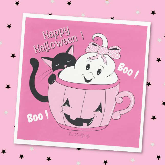 Spooky Cute Ghost Cat Pink Halloween Paper Napkin (Spooky cute ghost and black cat buddies pink Halloween paper napkin . )