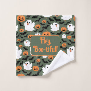 Spooky Cute Ghost Chickens with Pumpkins and Bats Bath Towel Set