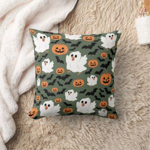 Spooky Cute Ghost Chickens with Pumpkins and Bats Cushion