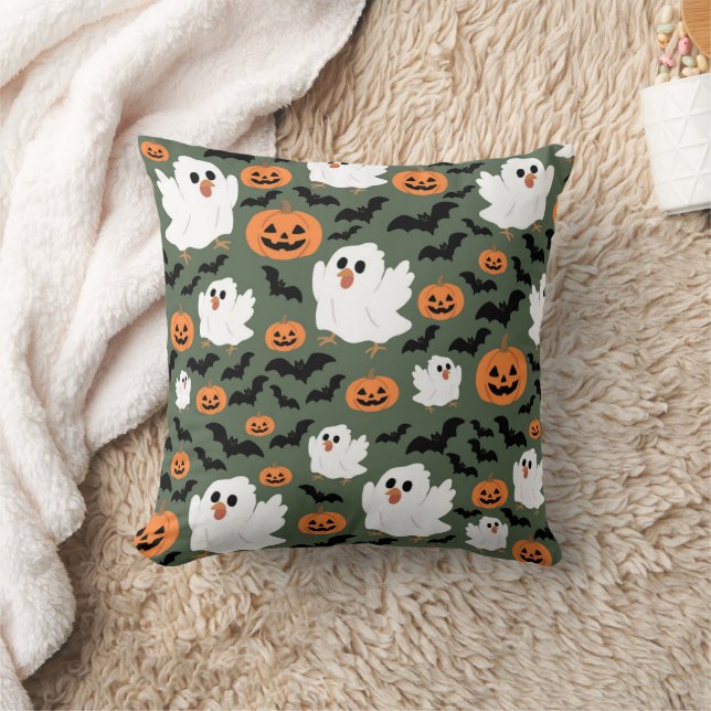 Spooky Cute Ghost Chickens with Pumpkins and Bats Cushion (Blanket)