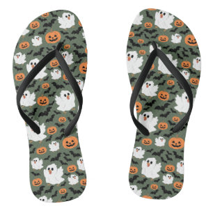 Spooky Cute Ghost Chickens with Pumpkins and Bats  Flip Flops