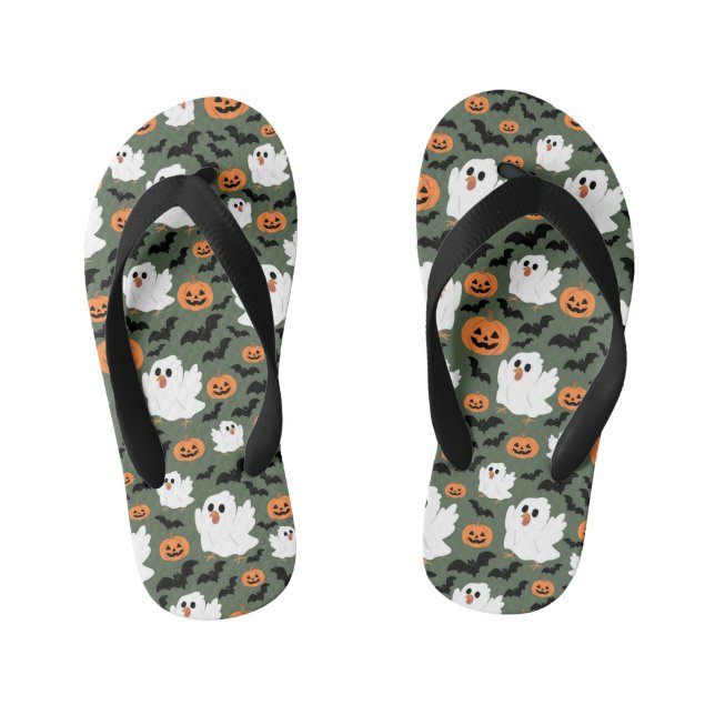 Spooky Cute Ghost Chickens with Pumpkins and Bats  Kid's Flip Flops (Footbed)