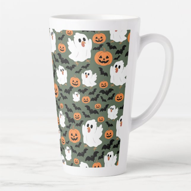 Spooky Cute Ghost Chickens with Pumpkins and Bats  Latte Mug (Right)