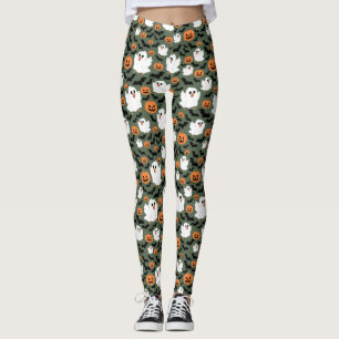 Spooky Cute Ghost Chickens with Pumpkins and Bats Leggings