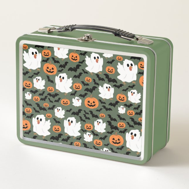 Spooky Cute Ghost Chickens with Pumpkins and Bats  Metal Lunch Box (Front)