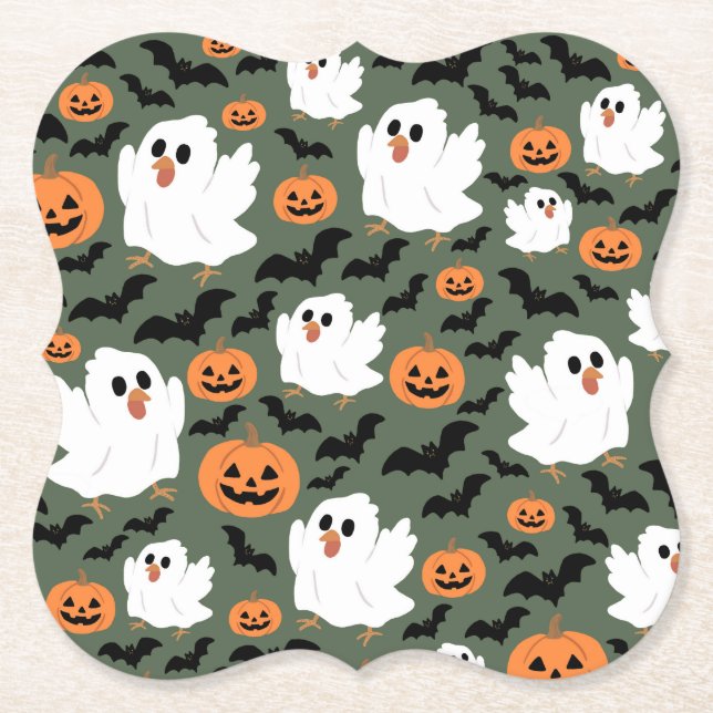 Spooky Cute Ghost Chickens with Pumpkins and Bats  Paper Coaster (Front)
