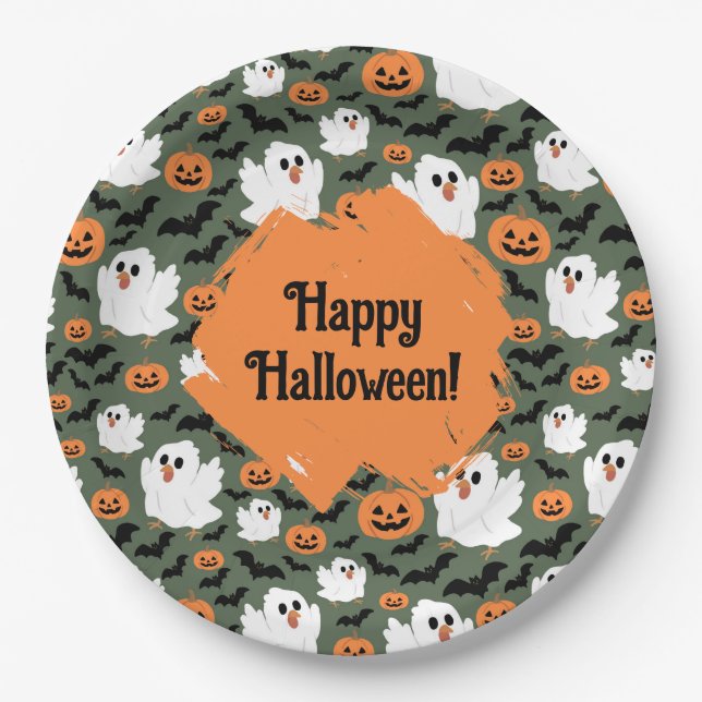 Spooky Cute Ghost Chickens with Pumpkins and Bats Paper Plate (Front)
