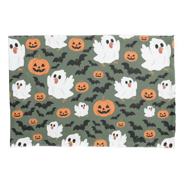 Spooky Cute Ghost Chickens with Pumpkins and Bats  Pillowcase (Front)