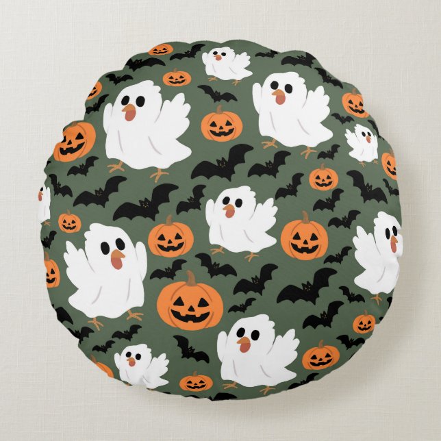 Spooky Cute Ghost Chickens with Pumpkins and Bats  Round Cushion (Front)