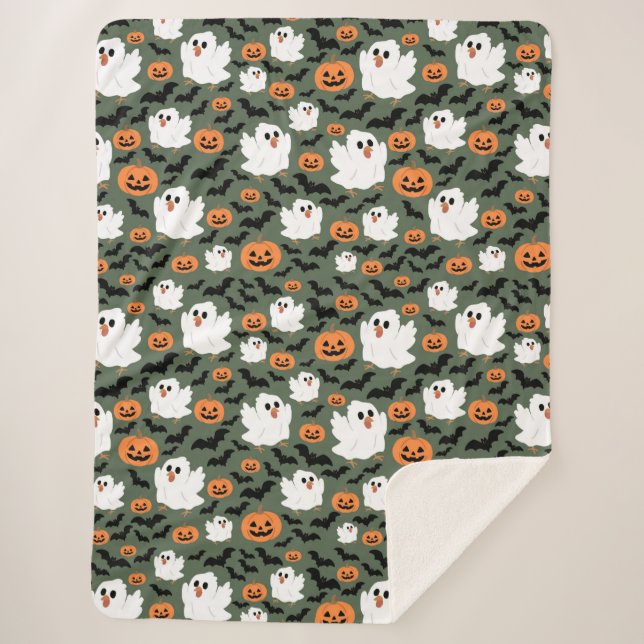 Spooky Cute Ghost Chickens with Pumpkins and Bats  Sherpa Blanket (Front)