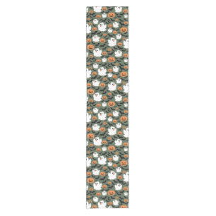 Spooky Cute Ghost Chickens with Pumpkins and Bats Short Table Runner