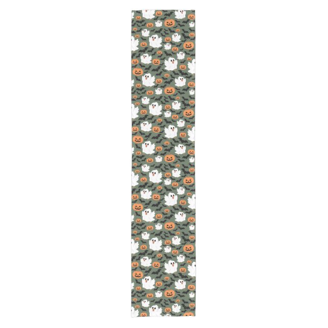 Spooky Cute Ghost Chickens with Pumpkins and Bats  Short Table Runner (Front)