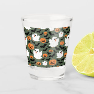 Spooky Cute Ghost Chickens with Pumpkins and Bats Shot Glass