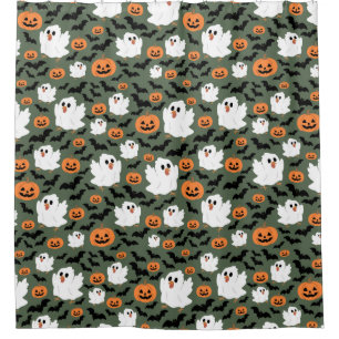 Spooky Cute Ghost Chickens with Pumpkins and Bats  Shower Curtain