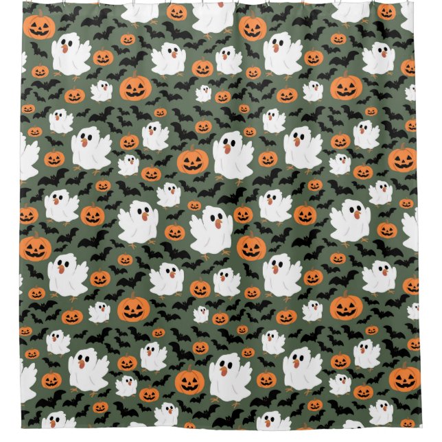 Spooky Cute Ghost Chickens with Pumpkins and Bats  Shower Curtain (Front)