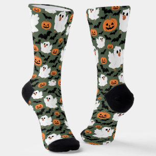 Spooky Cute Ghost Chickens with Pumpkins and Bats Socks